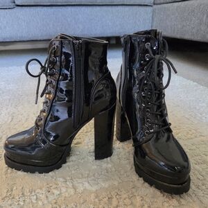 Fashion Nova Black Patent Lace-Up Platform Ankle Boots